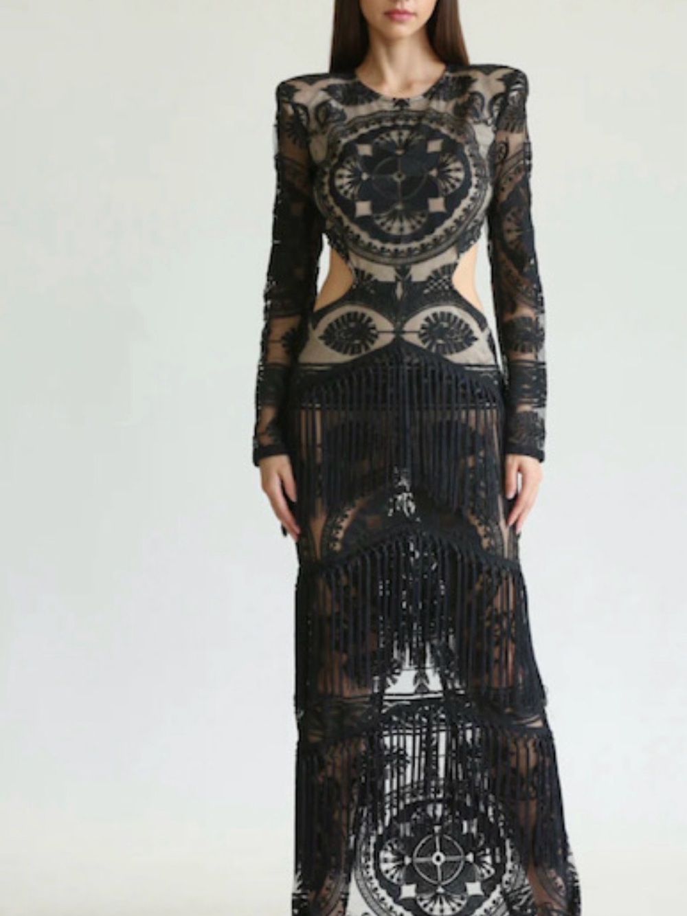 Black Sheer Long-Sleeve Embroidered Fringe Maxi Dress